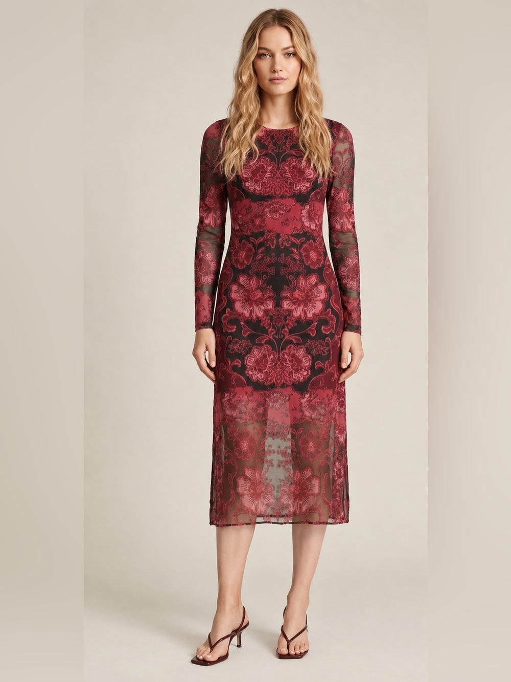Johnny Was Burgundy and Black Floral Long-Sleeve Midi Dress